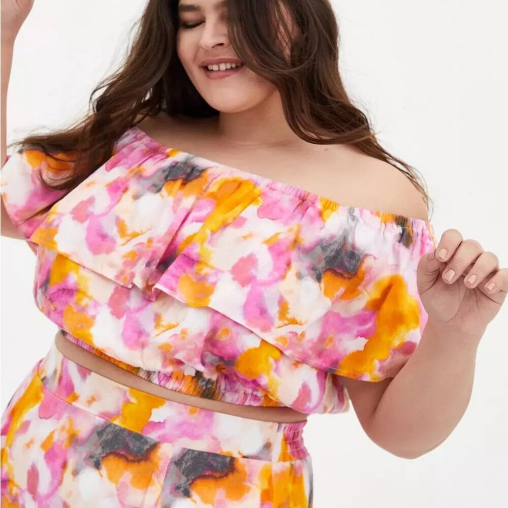 Torrid Multi Watercolor Tie-Dye Off-Shoulder Ruffled Neckline Top Size 2X Boho